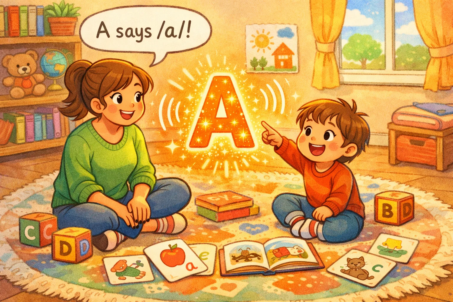  Child learning letter sounds during phonics introduction at home.
