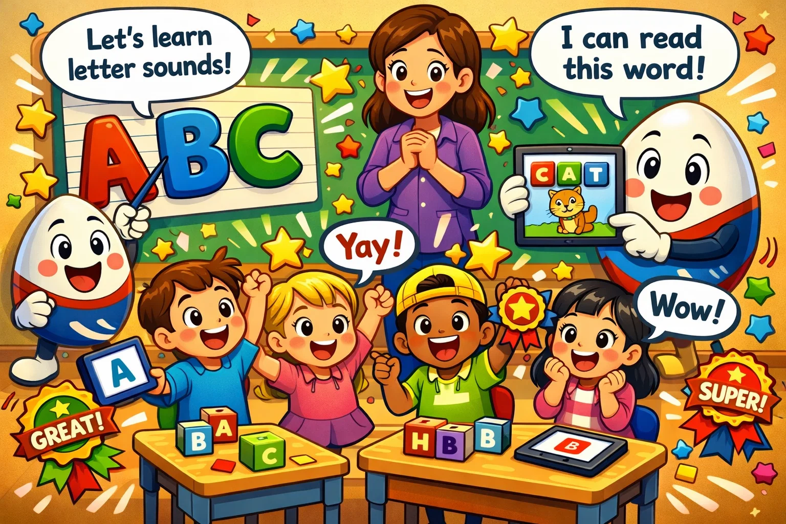  Reading Eggs program phonics learning with kids practicing letter sounds.
