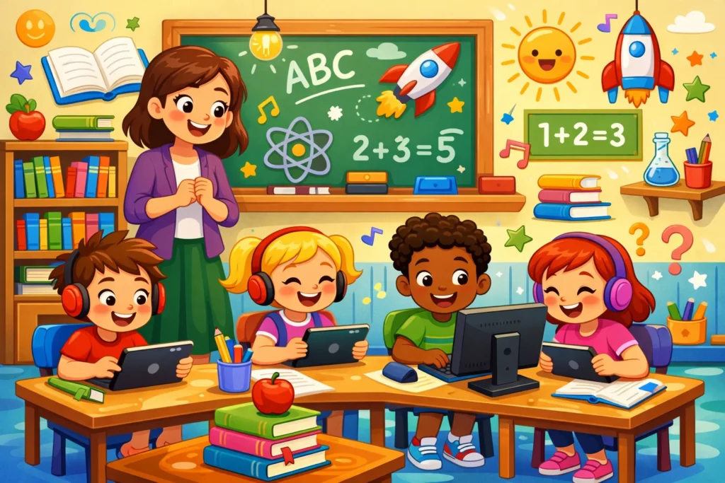 Kids using tablets in a colorful classroom, engaging with educational content.