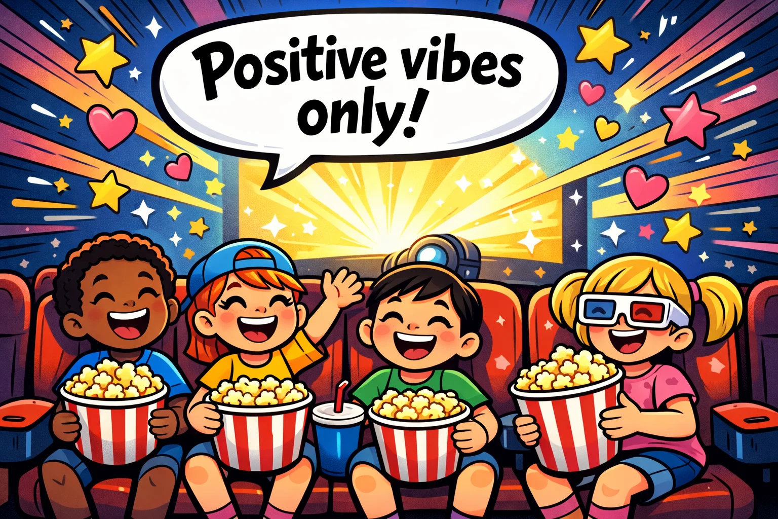 Children enjoying positive kids movie in vibrant cartoon cinema hero banner.