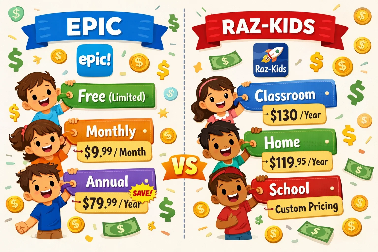 Price comparison of Epic and Raz-Kids apps with dollar signs and pricing icons.