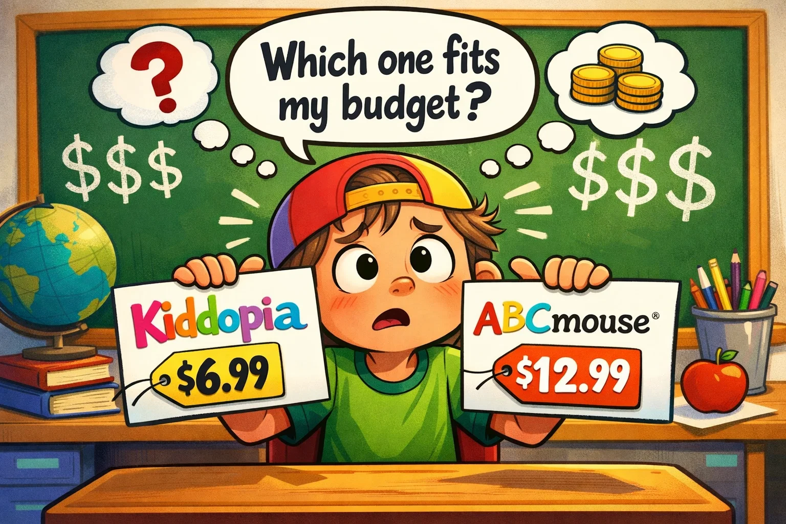  Pricing comparison between Kiddopia and ABCmouse showing coins, price tags, and a calculator in a playful style.

