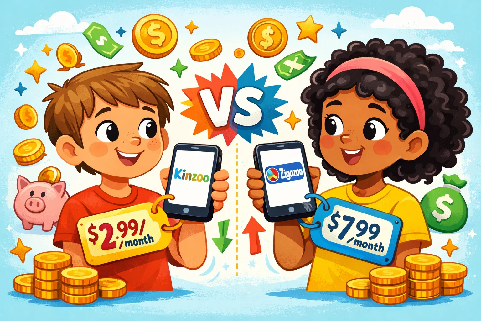 Pricing comparison of Kinzoo and Zigazoo apps with free and premium pricing options.
