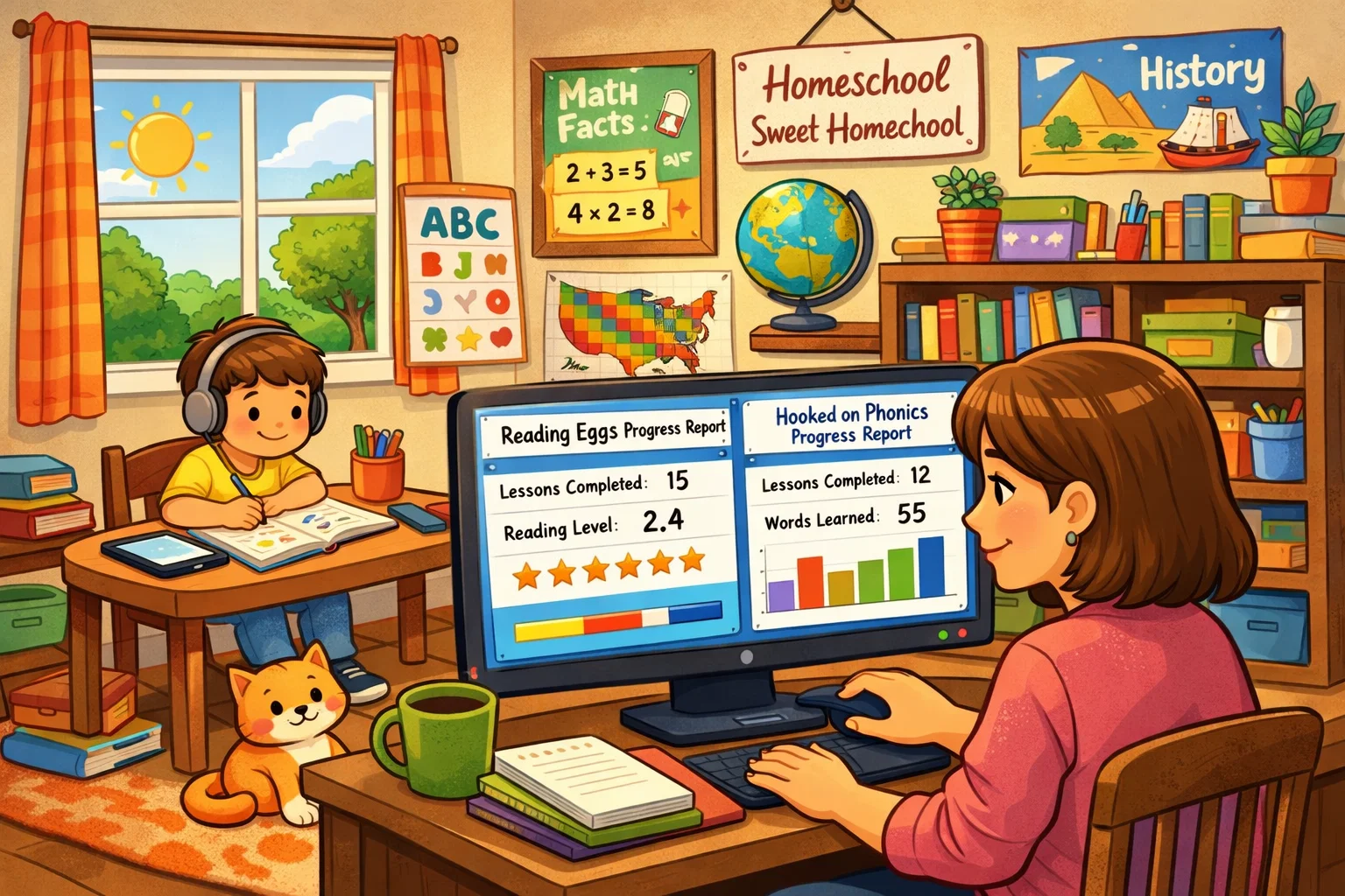 Parent tracking progress with Reading Eggs and Hooked on Phonics in a homeschool environment.
