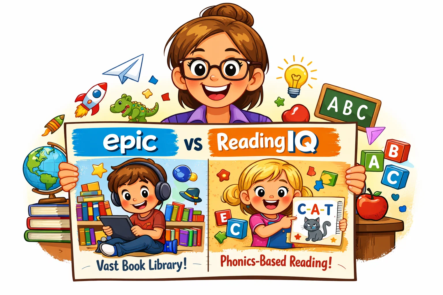  Pros and cons comparison of Epic and ReadingIQ apps, with characters evaluating features and limitations.
