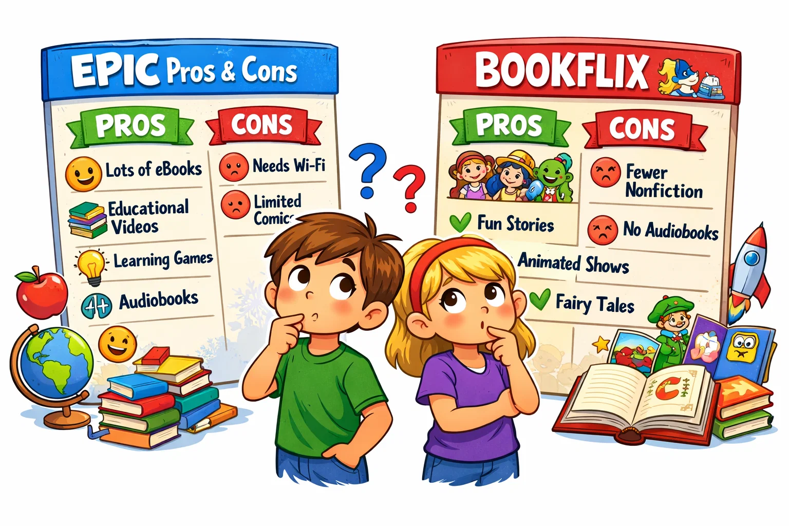 Pros and cons of Epic vs Bookflix shown with kids deciding with checkmarks and crosses.