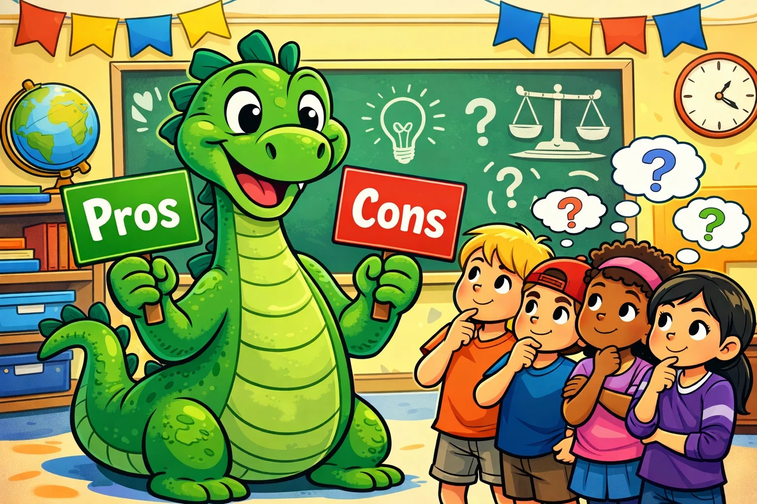  Nessy monster holding “Pros” and “Cons” signs while children evaluate the app's features.
