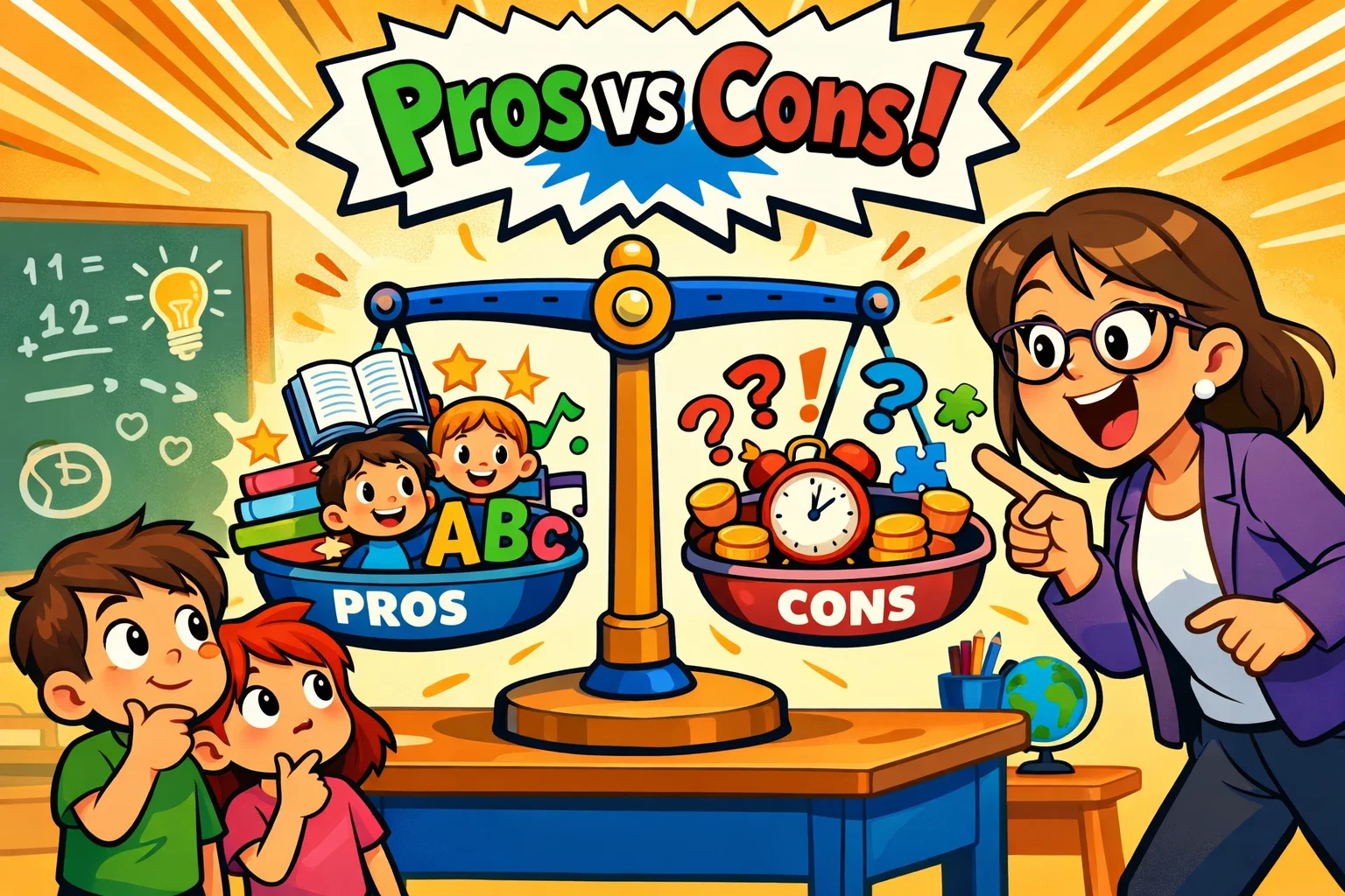 Reading Eggs and Fast Phonics pros and cons shown on classroom balance scale.
