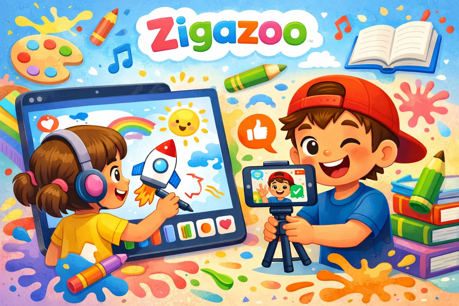  Children using Zigazoo app for educational and creative activities with safe content.
