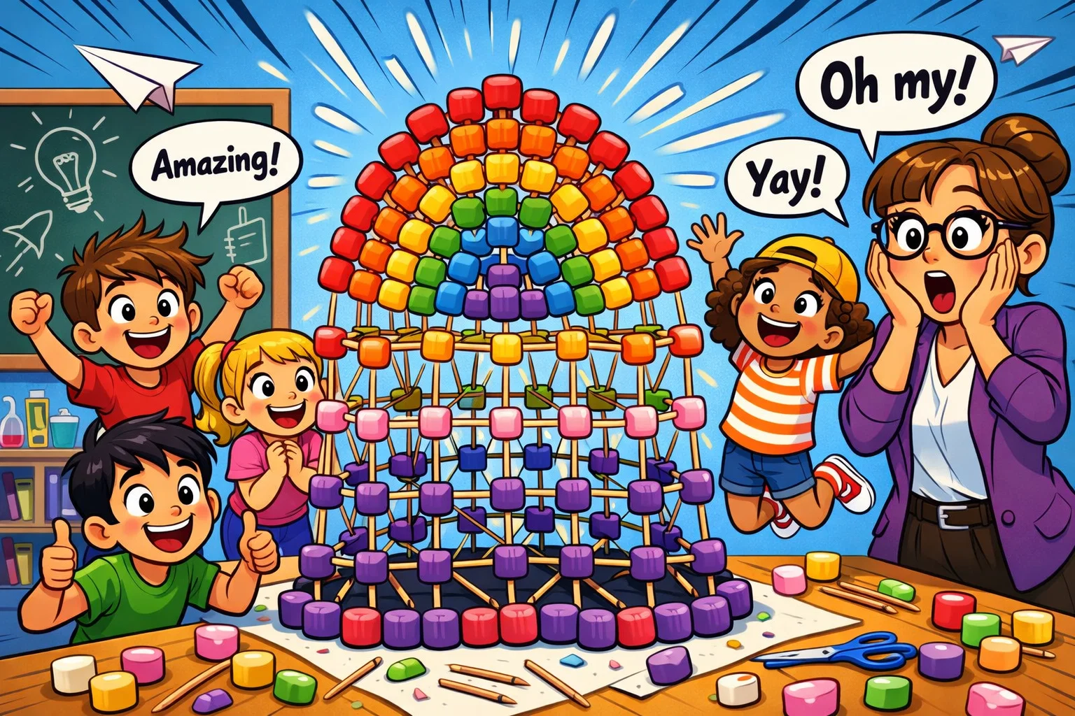 Rainbow marshmallow toothpick tower built by kids.