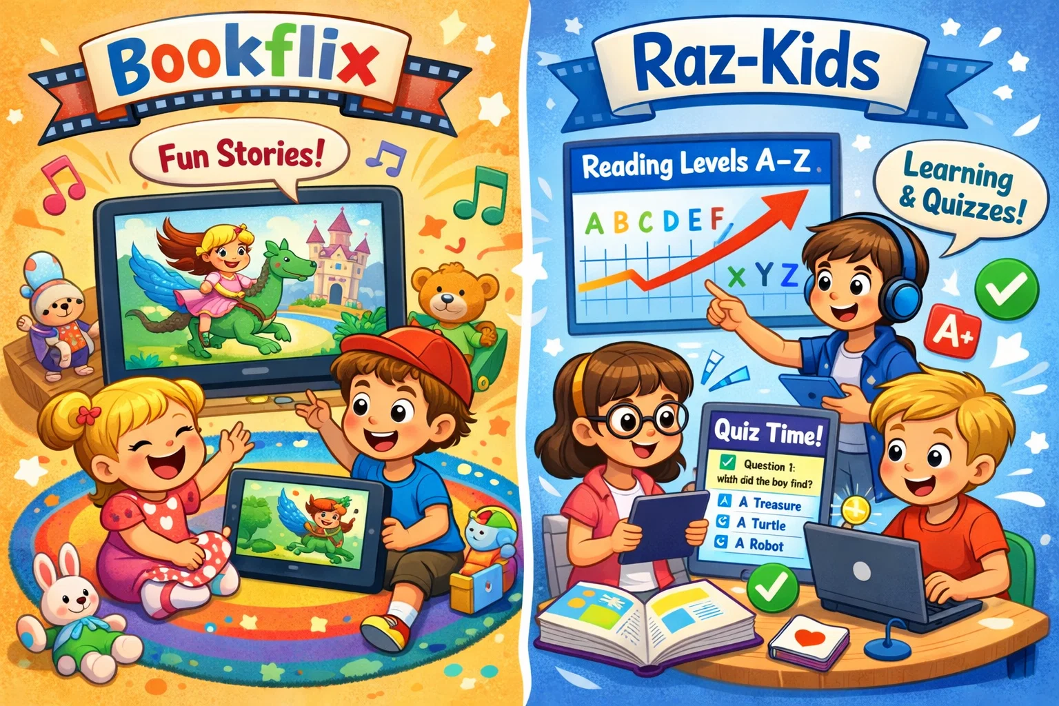 Age appropriateness for Raz-Kids and Bookflix, showing children of varying ages enjoying the apps.