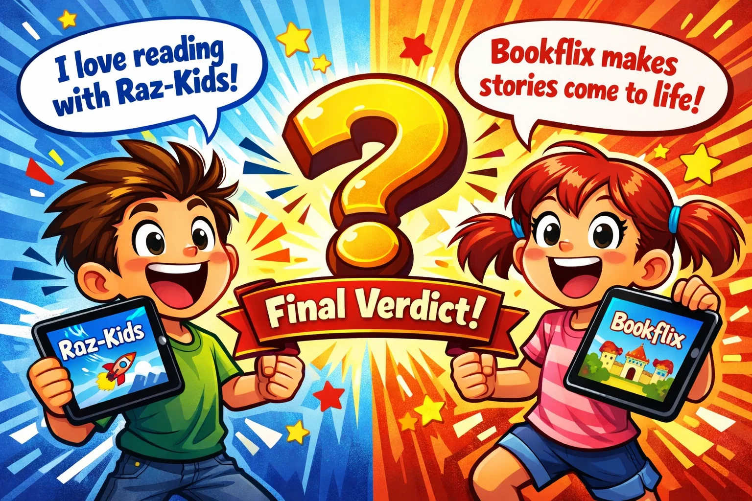 Final verdict for Raz-Kids vs Bookflix, with a family making a choice based on educational benefits.


