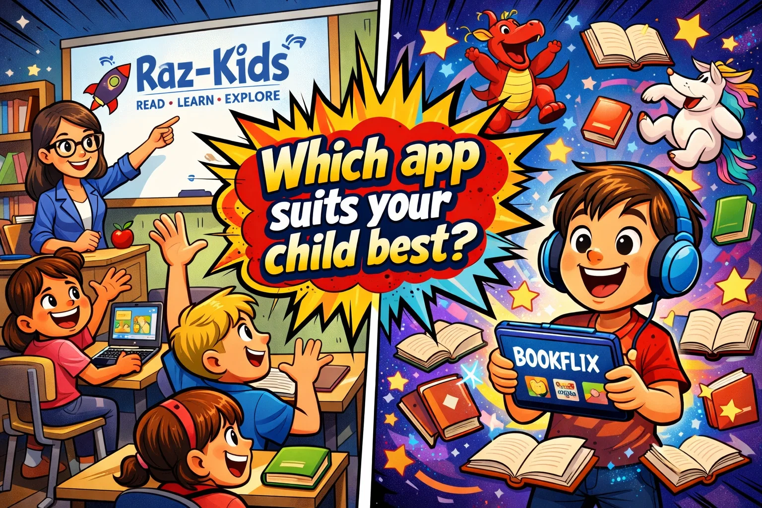 Overview of Raz-Kids and Bookflix apps for children, showcasing their interactive features.
