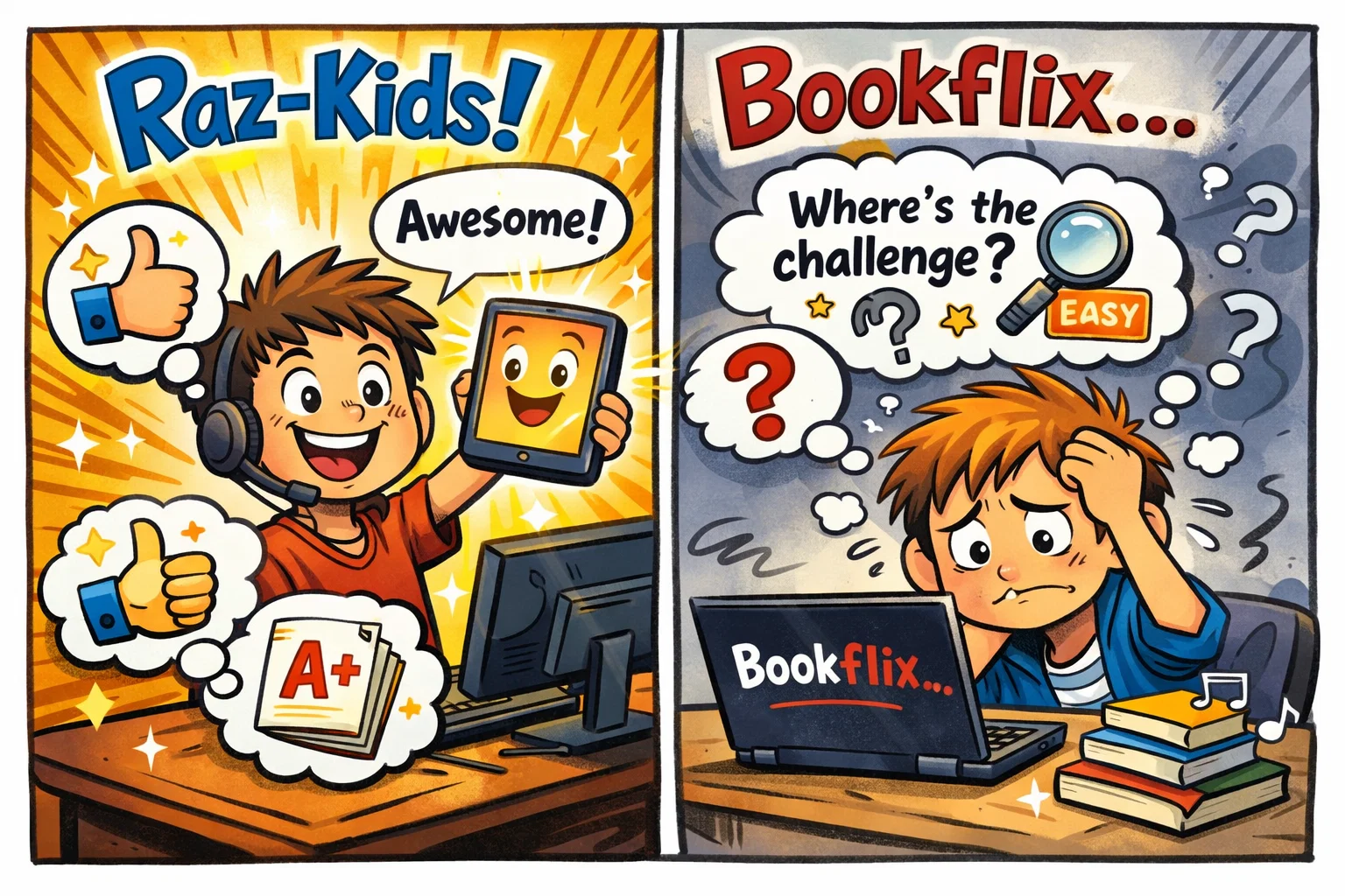  Pros and cons of Raz-Kids and Bookflix apps, showing their strengths and weaknesses in a fun comparison.

