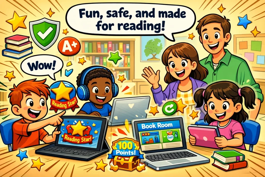 Raz Kids review showing safe and fun reading app use for kids in classroom.