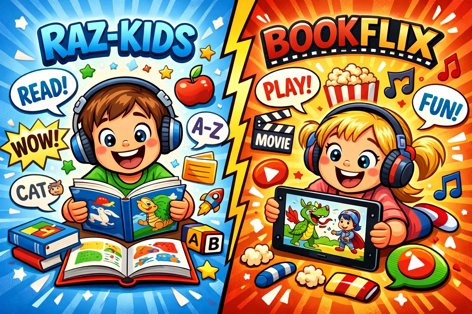 Raz-Kids vs Bookflix comparison with educational features and age-appropriate learning for children.