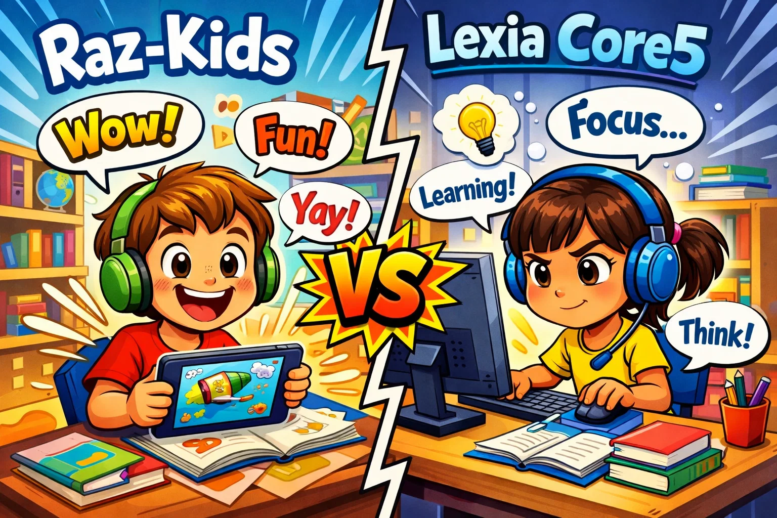 Raz-Kids vs Lexia Core5 comparison showing children using both apps in a playful classroom setting.