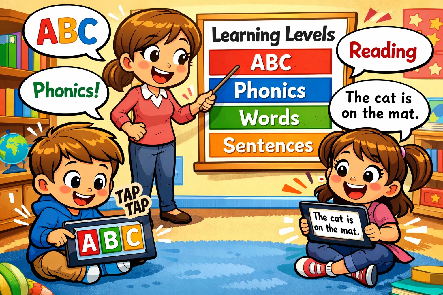  Children of different ages learning with reading apps for various levels.
