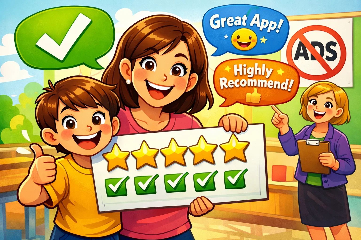 Parent and child giving positive reviews and 5-star recommendations for Reading.com.
