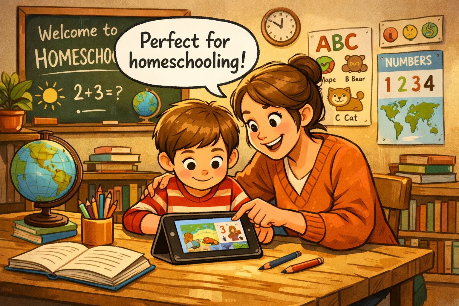 Parent and child using Reading Eggs for homeschooling, learning in a cozy and supportive environment.