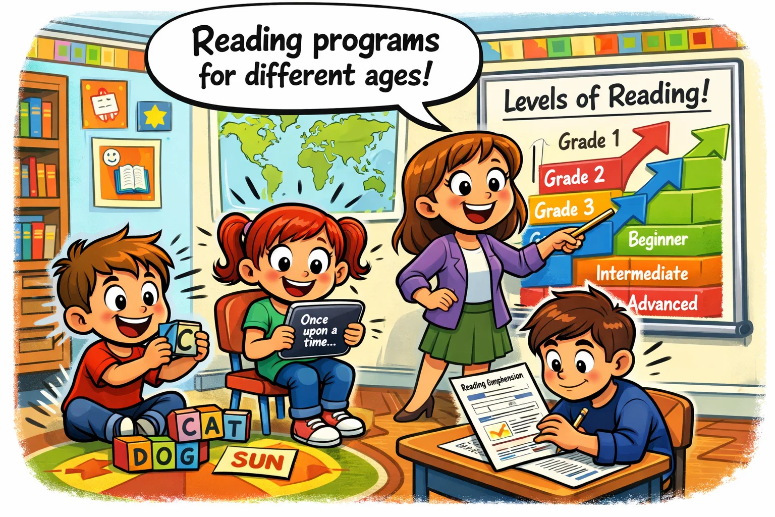 Reading Eggs Lexia age range grade levels illustration showing children learning reading at different ages.

