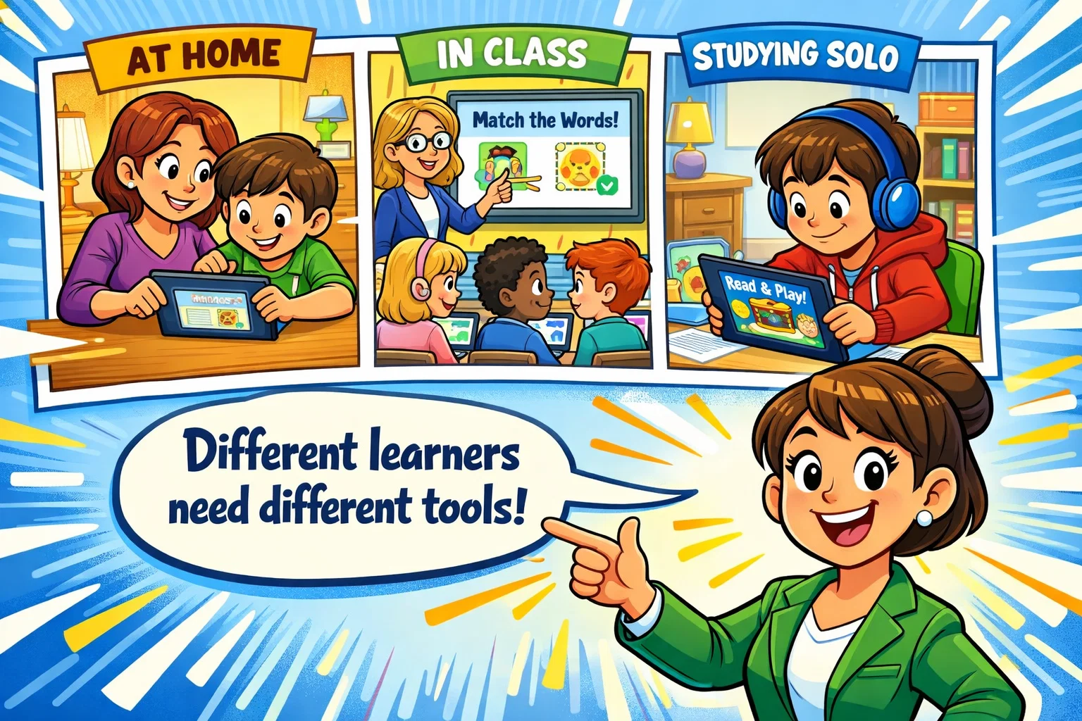 Reading Eggs Lexia learning situations comparison showing kids using reading apps at home and school.
