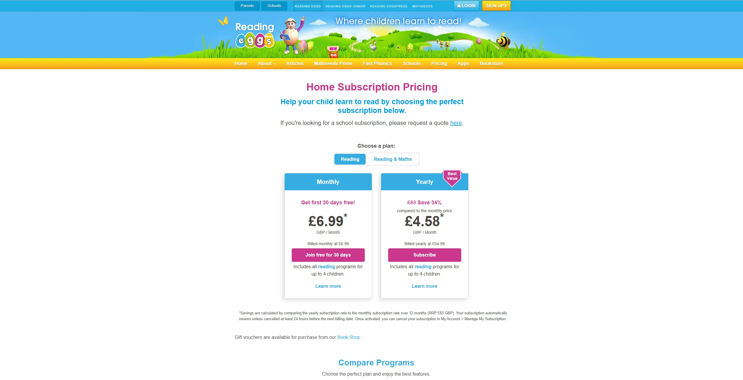 Reading Eggs Pricing.
