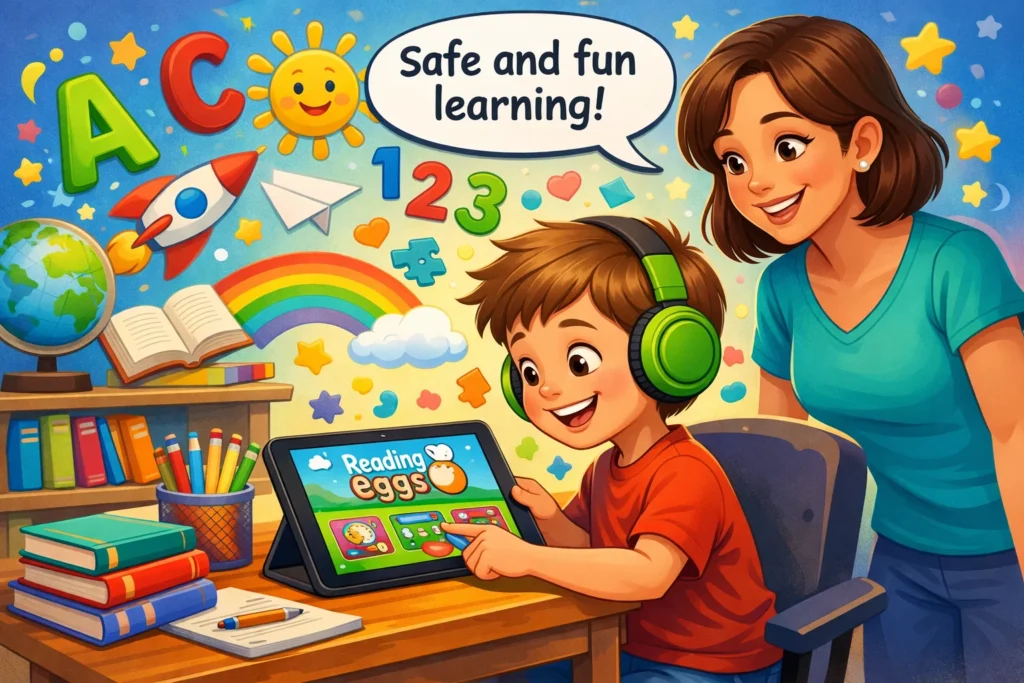 Kids using the Reading Eggs app, enjoying educational activities in a safe, fun environment.