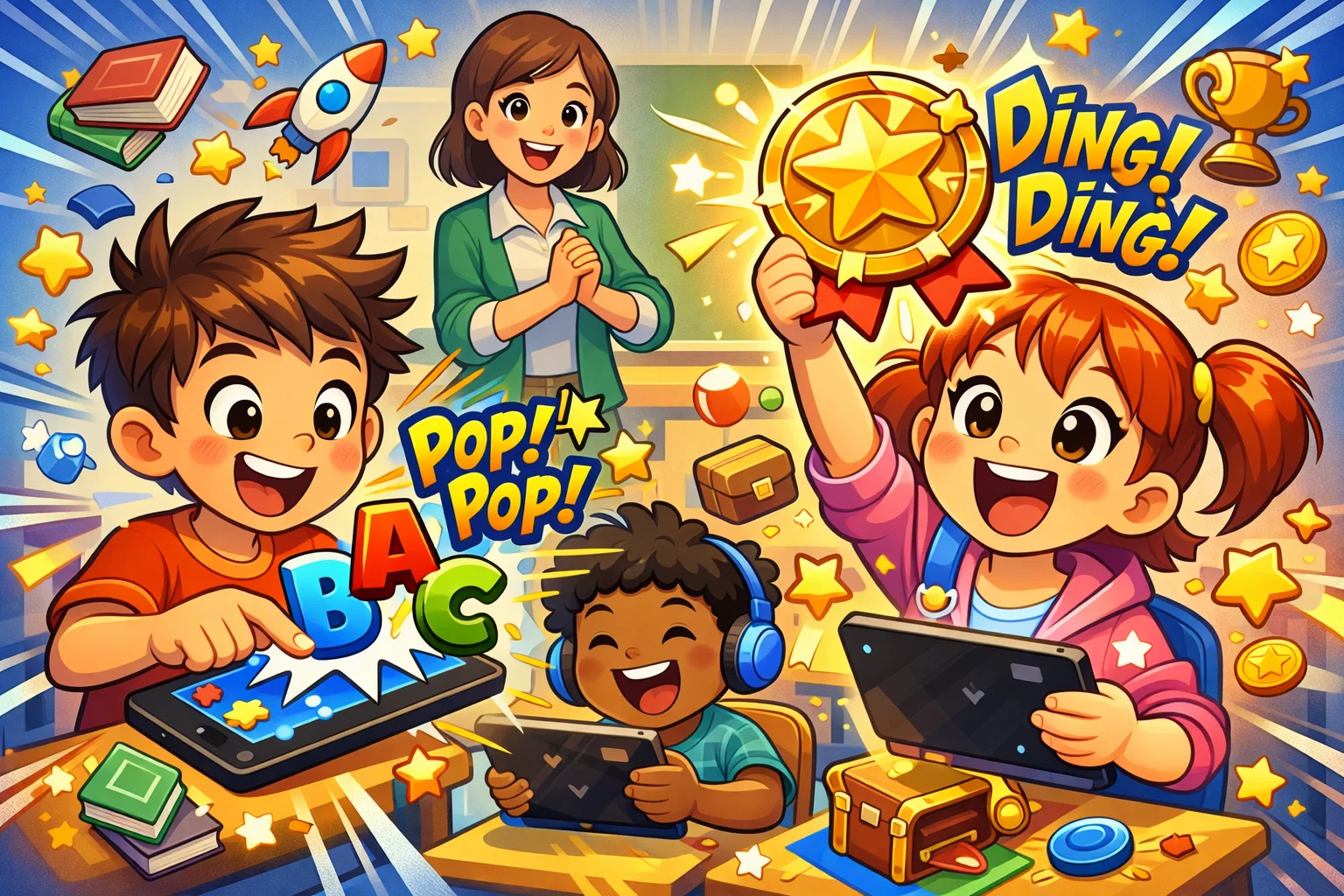 Children using interactive learning features in Reading Eggs and Starfall apps.
