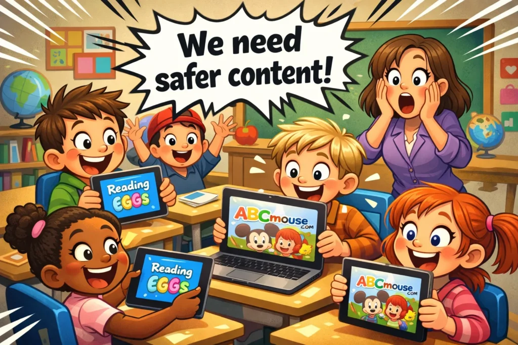 Reading Eggs vs ABC Mouse comparison showing children using tablets with both apps.