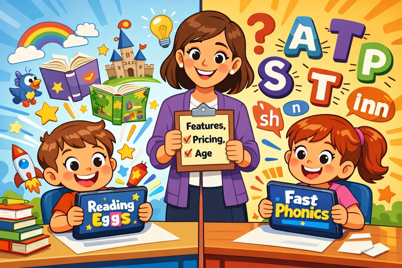Reading Eggs vs Fast Phonics comparison in classroom showing features and age focus.