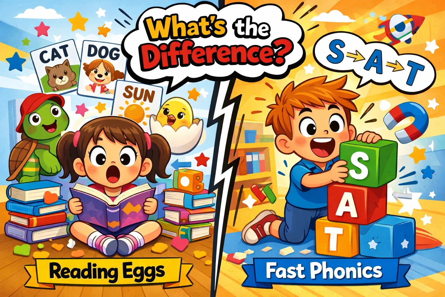 Reading Eggs vs Fast Phonics key differences shown in classroom comparison scene.
