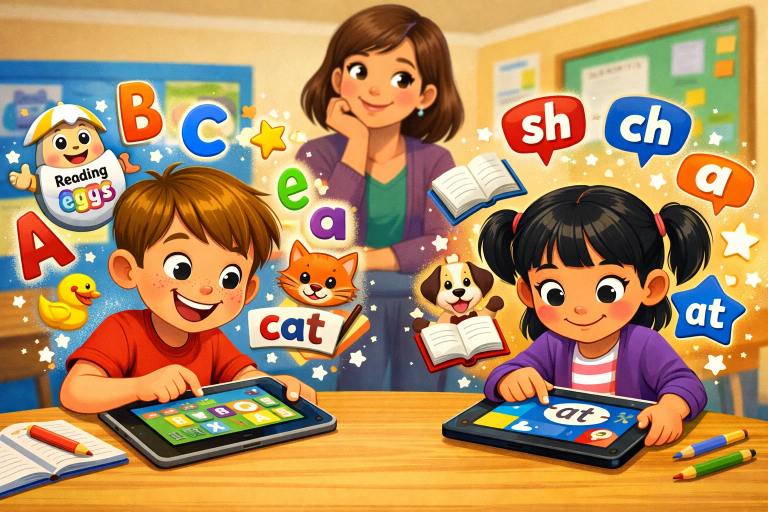 Comparison of Reading Eggs and Hooked on Phonics with kids using each app.