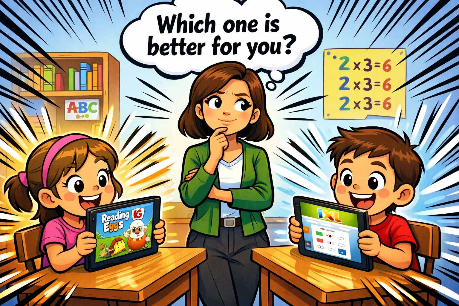 Reading Eggs vs IXL comparison in a fun classroom setting with engaged children.