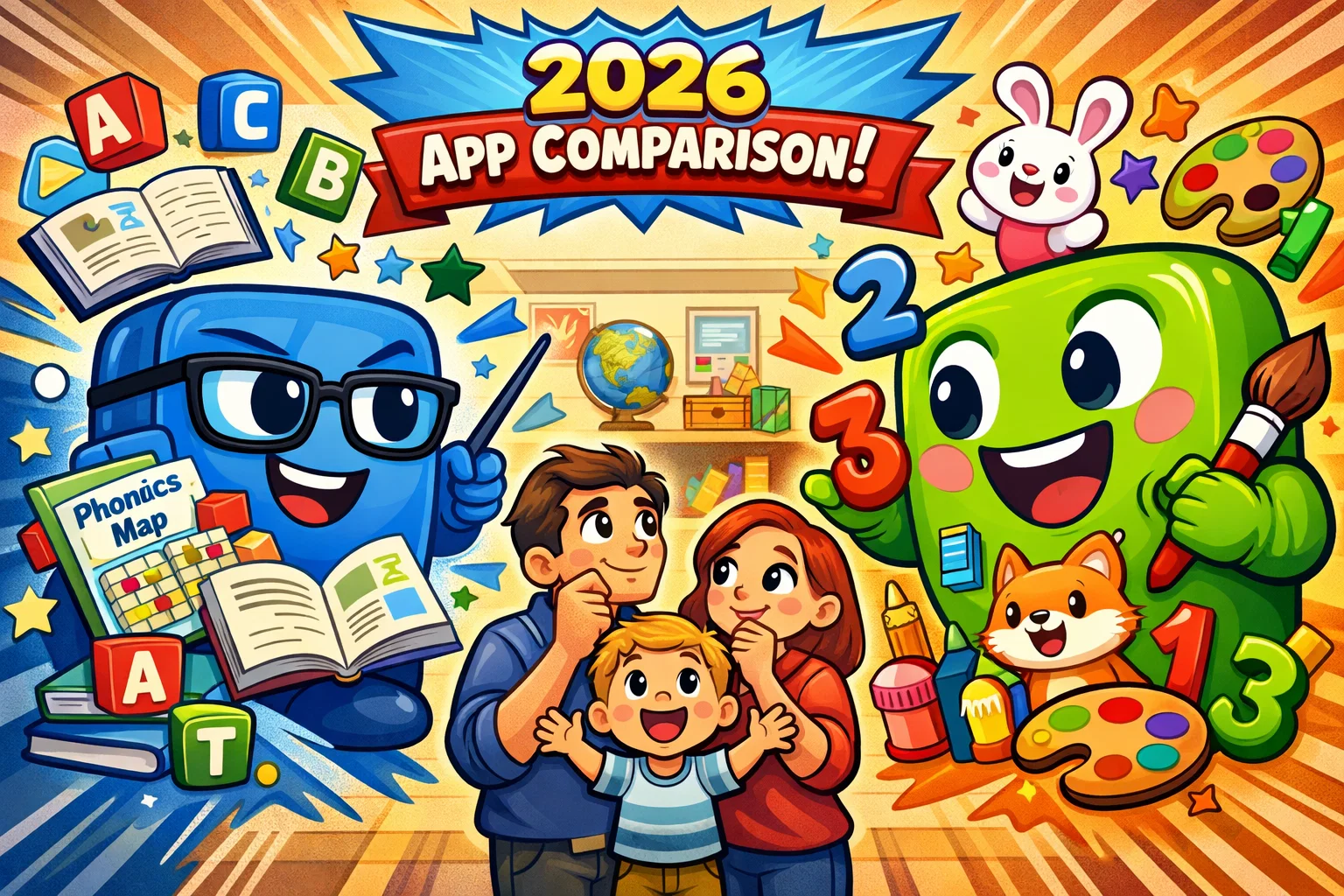 Reading Eggs vs Khan Academy Kids 2026 comparison illustration for parents.