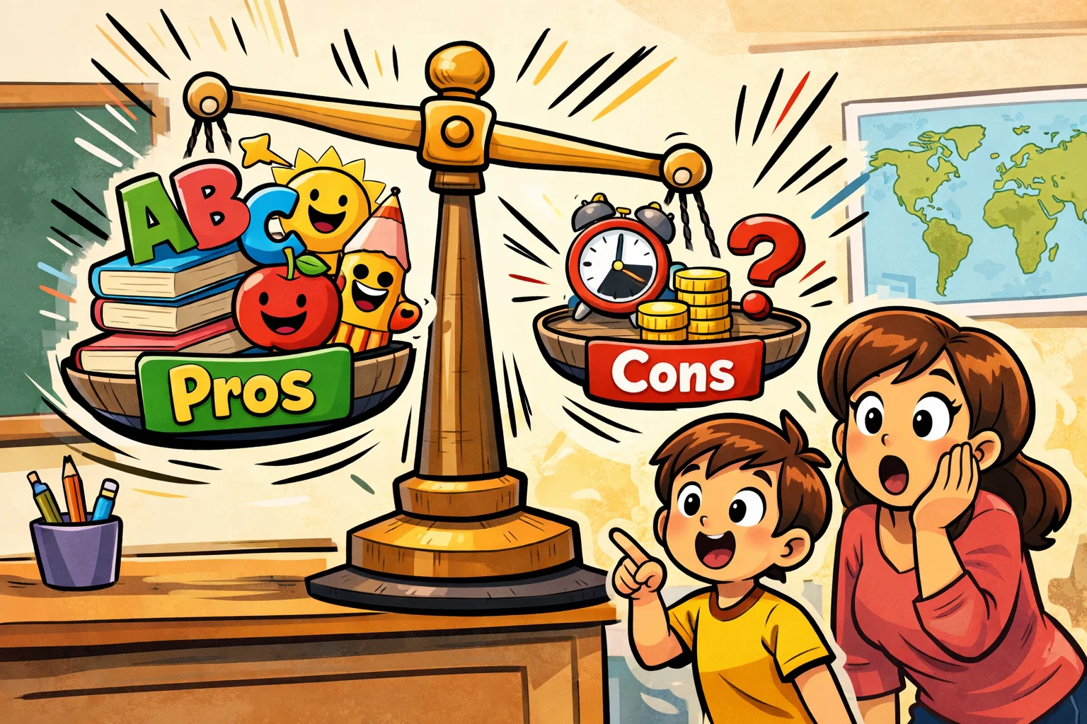 Reading Eggs vs Khan Academy Kids pros and cons summary illustration.