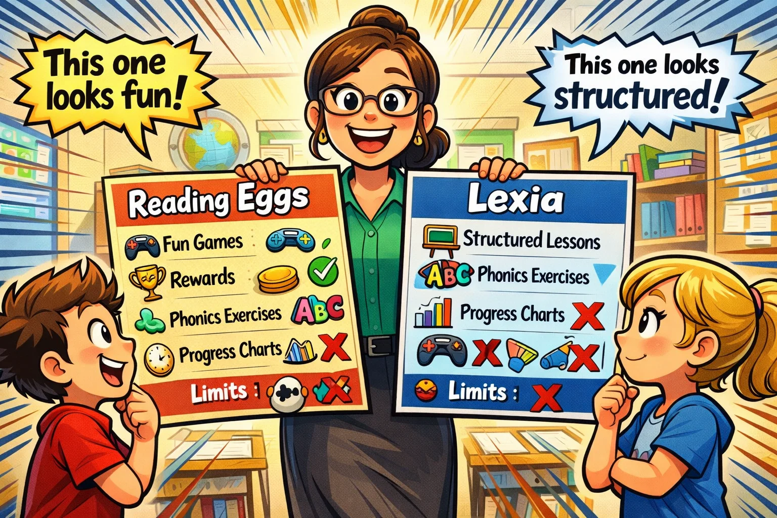 Reading Eggs vs Lexia pros cons comparison with teacher explaining strengths of reading apps.
