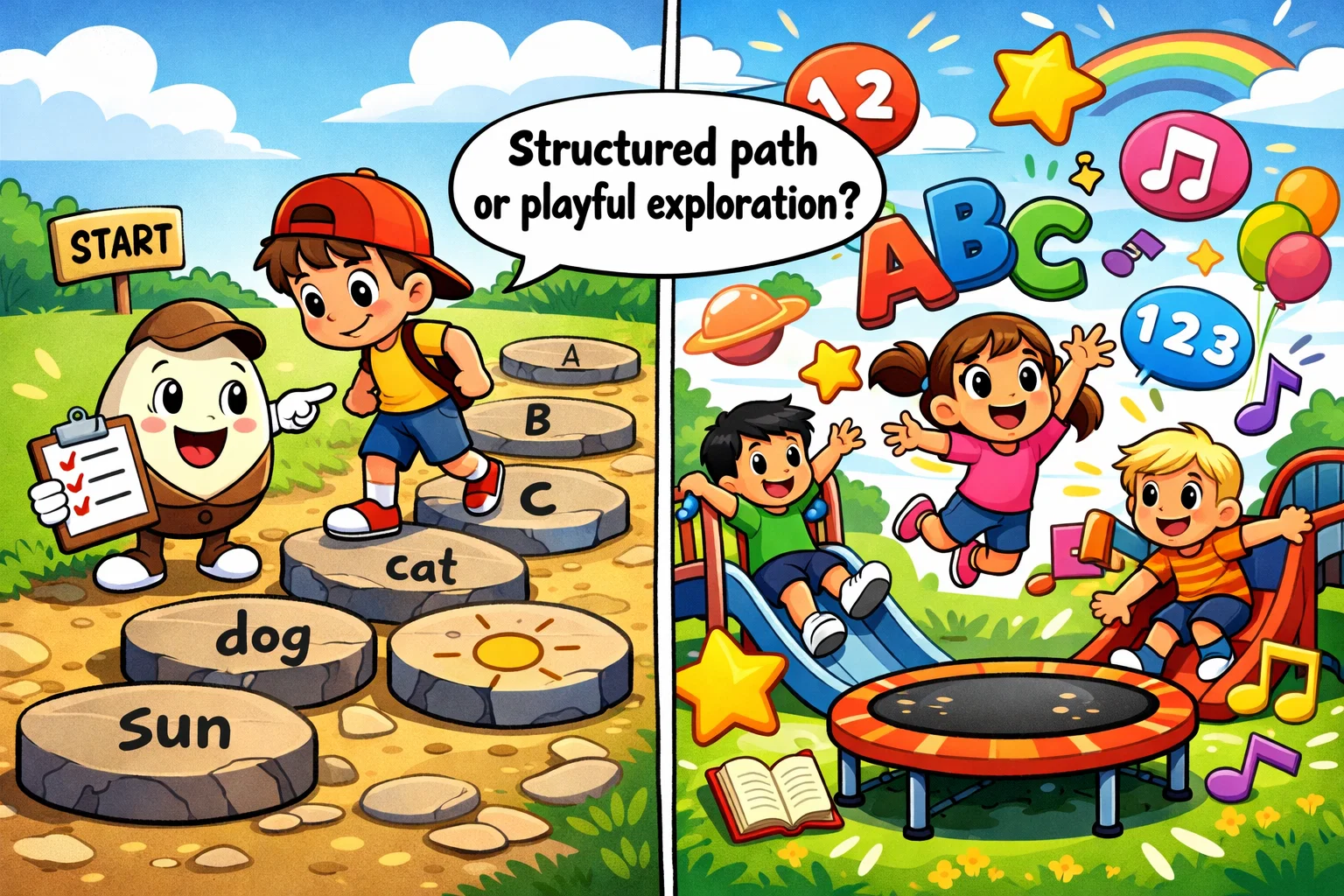 Reading Eggs vs Lingokids core learning focus comparing structured reading path and playful activities.
