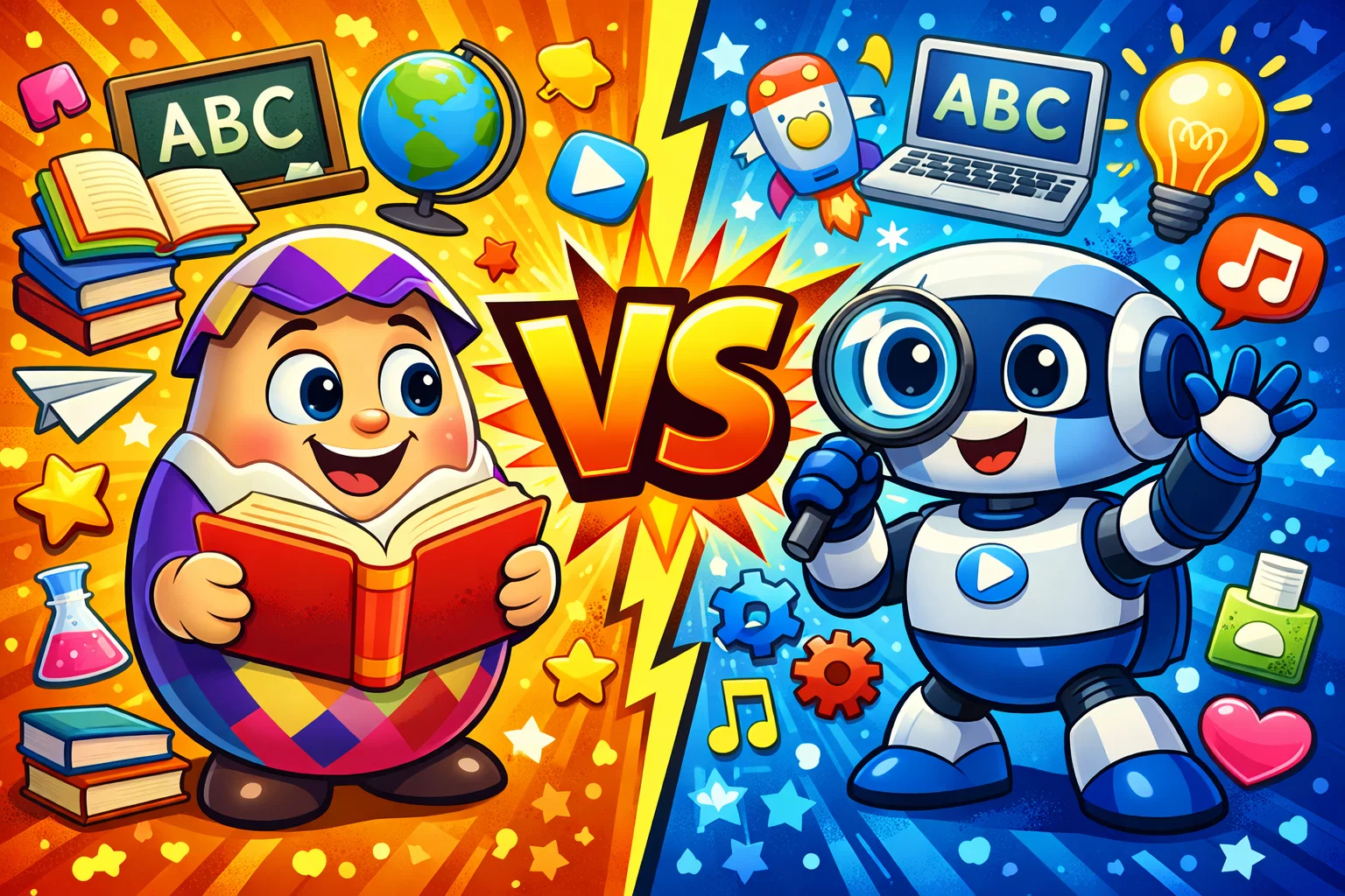 Reading Eggs vs Reading.com comparison showing animated characters and educational tools.