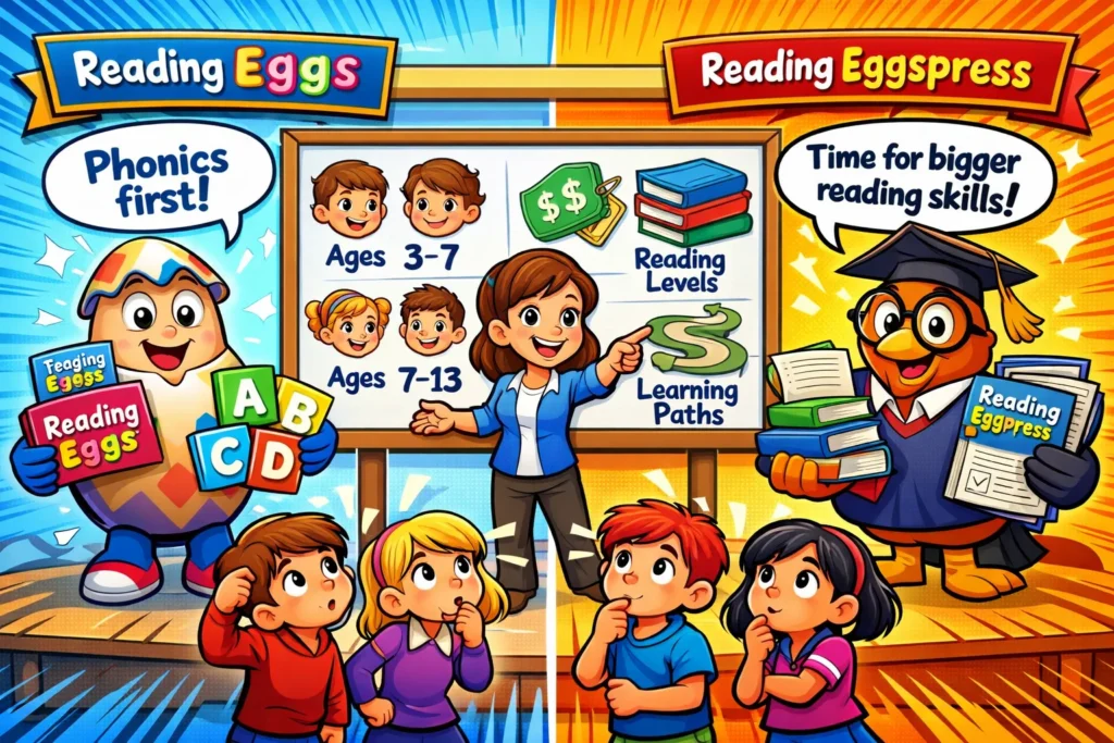 Reading Eggs vs Reading Eggspress comparison showing phonics and reading activities.