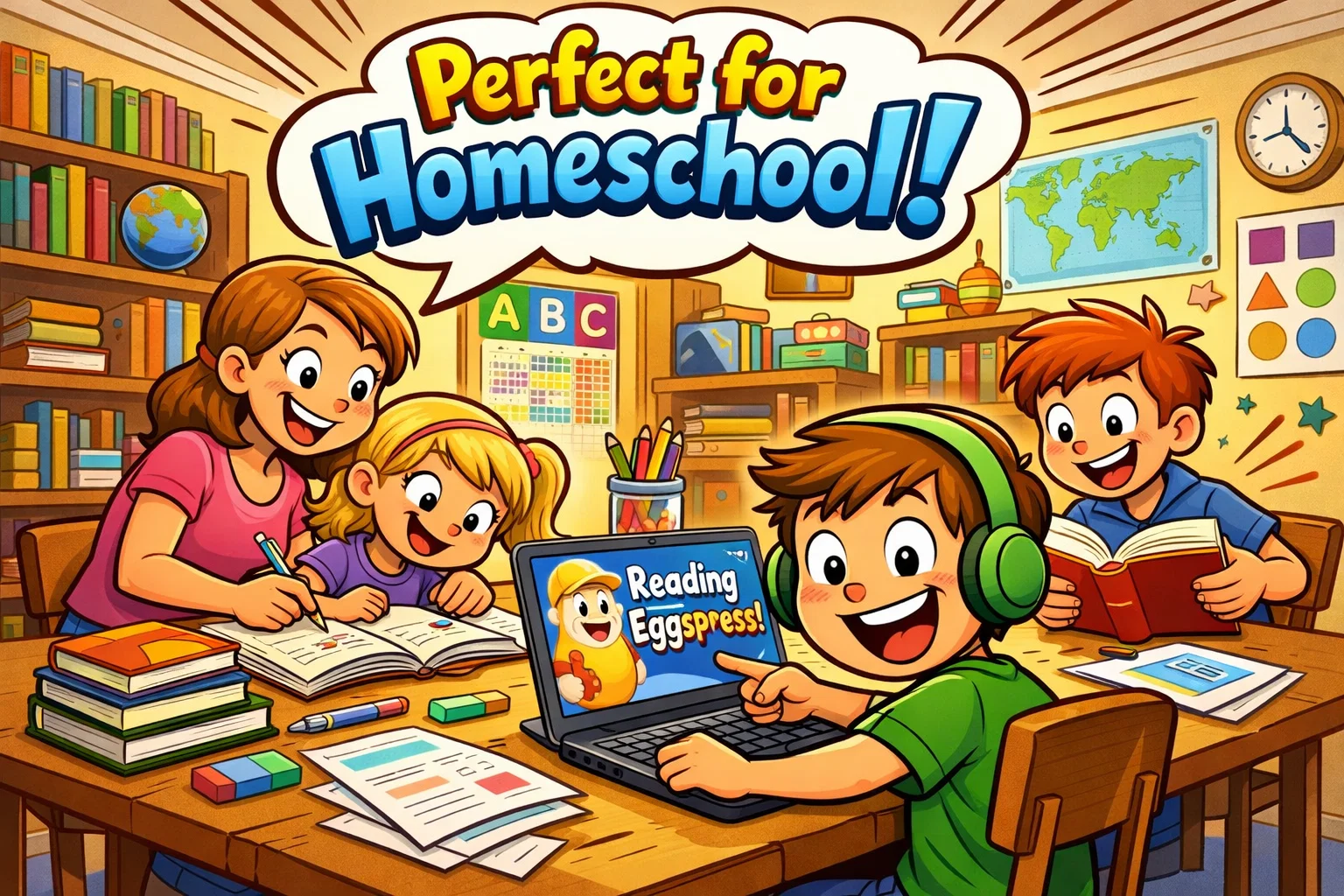  Reading Eggspress for homeschool families during home reading lesson with parent.
