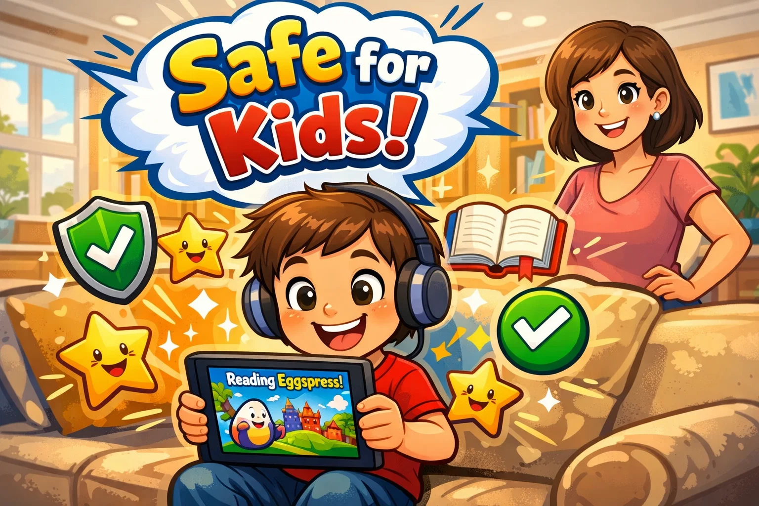  Reading Eggspress safe for kids with child using app under parent supervision.
