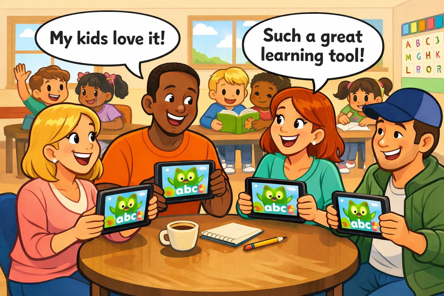  Parents share feedback on Duolingo ABC with children enjoying the learning app.
