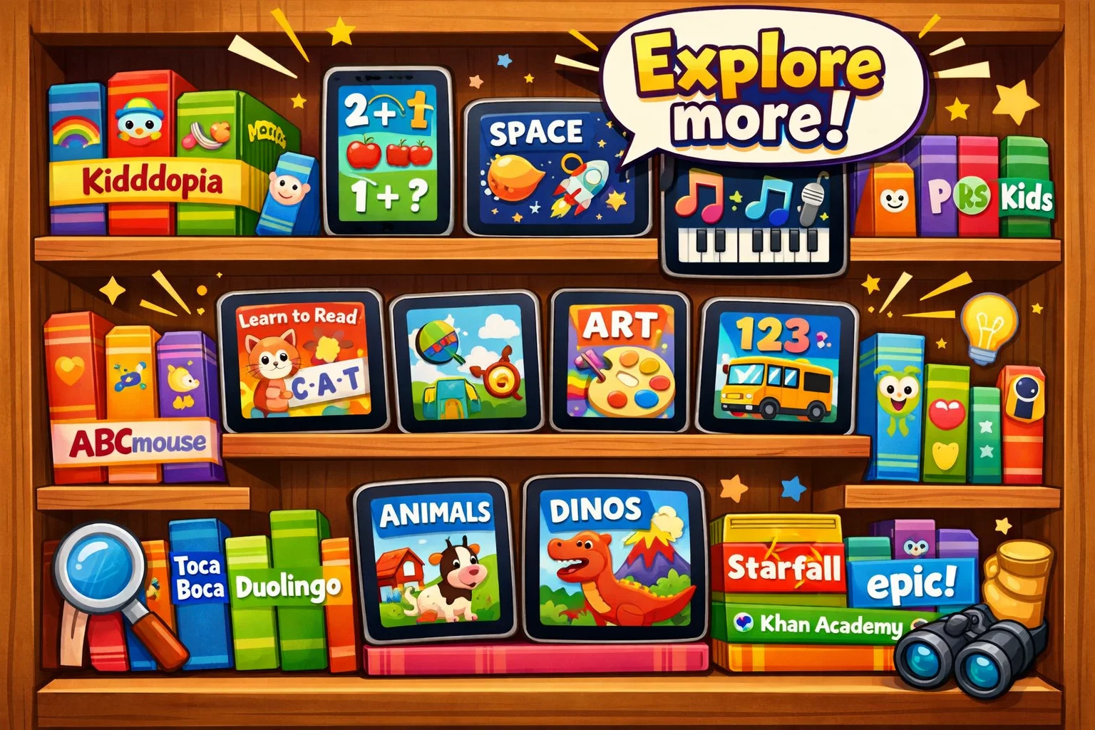  Related articles and resources for Kiddopia vs ABCmouse shown with books, globe, and tablets in an educational setting.
