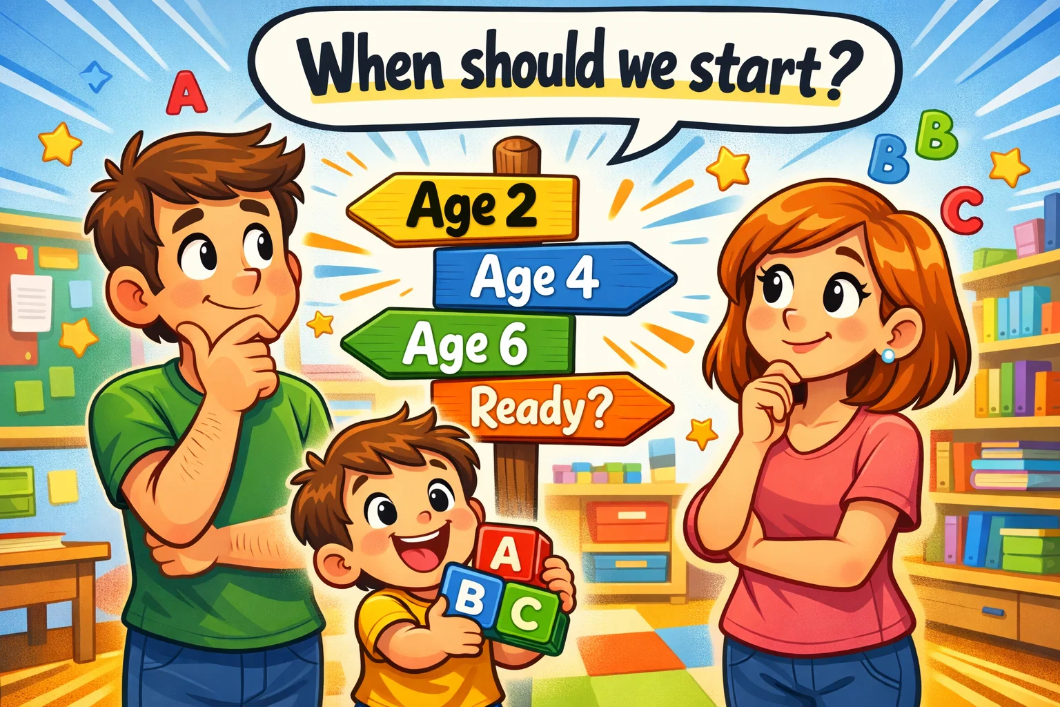 Parents and child exploring right age to learn phonics with alphabet blocks.