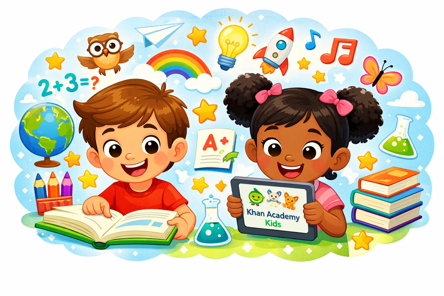  Kids happily using educational tools, books, and tablets for learning.

