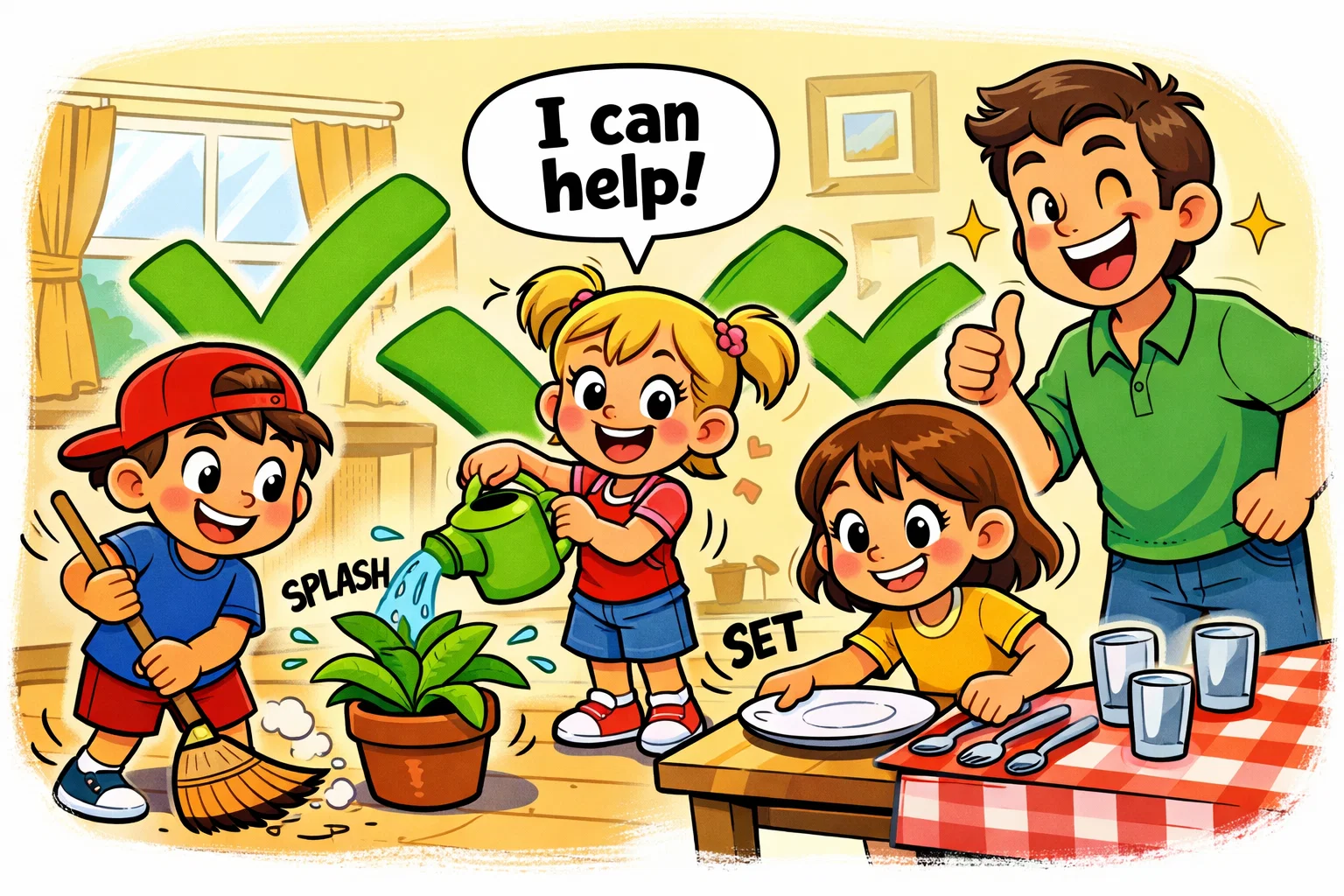 Should kids do chores illustration with children helping parents at home.