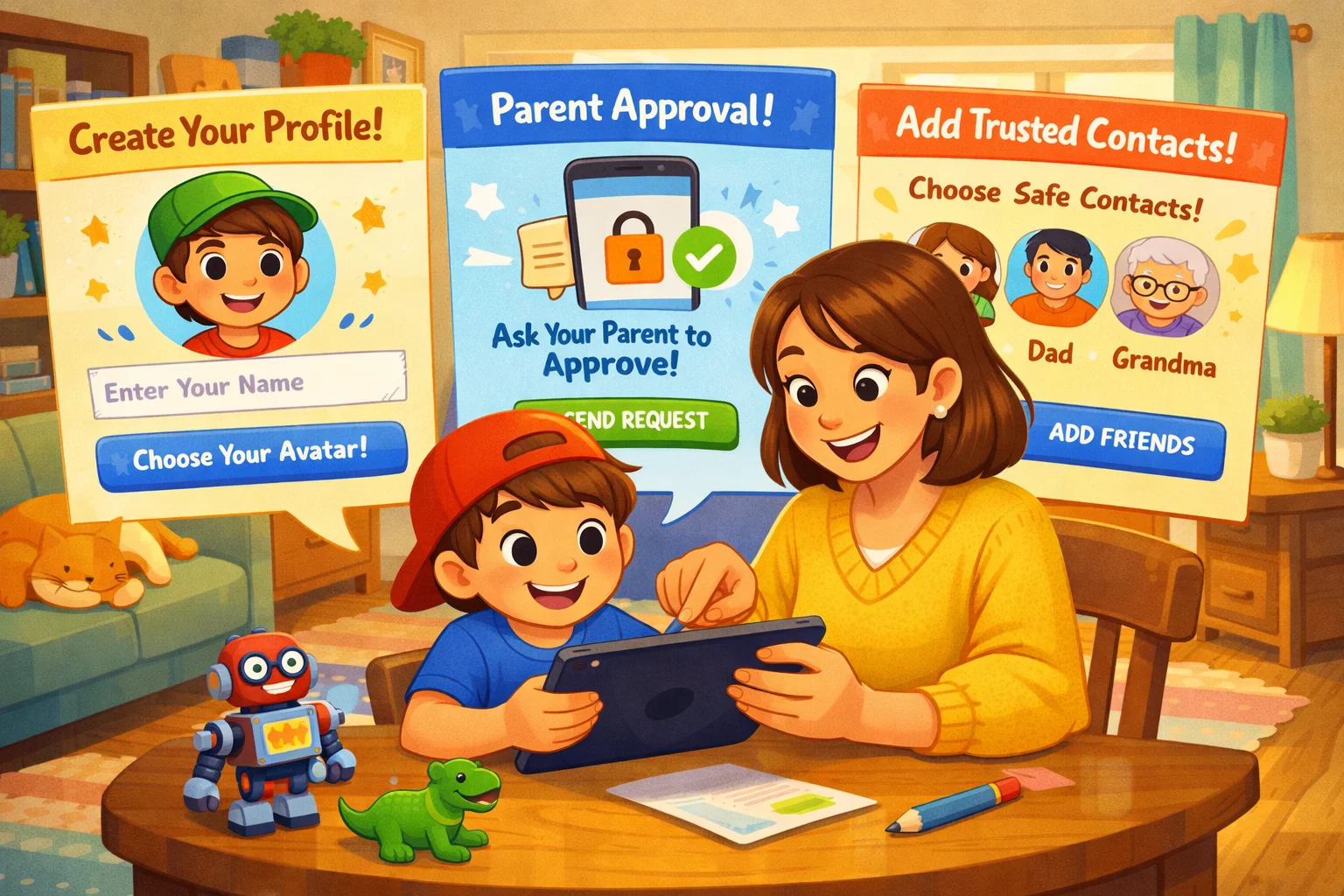 Signing up for JusTalk Kids with parent approval and trusted contacts setup.

