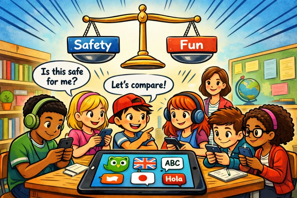 Kids and teens comparing similar apps like HelloTalk for safe language learning.