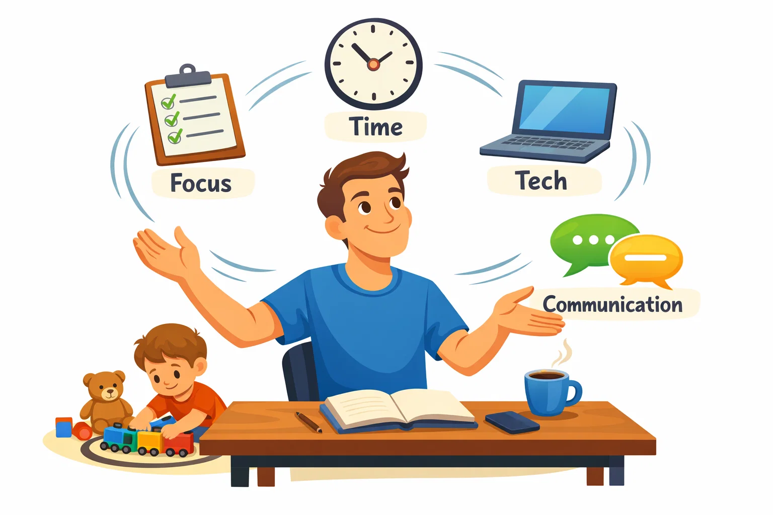 Skills for fathers in flexible careers like time management and tech abilities.
